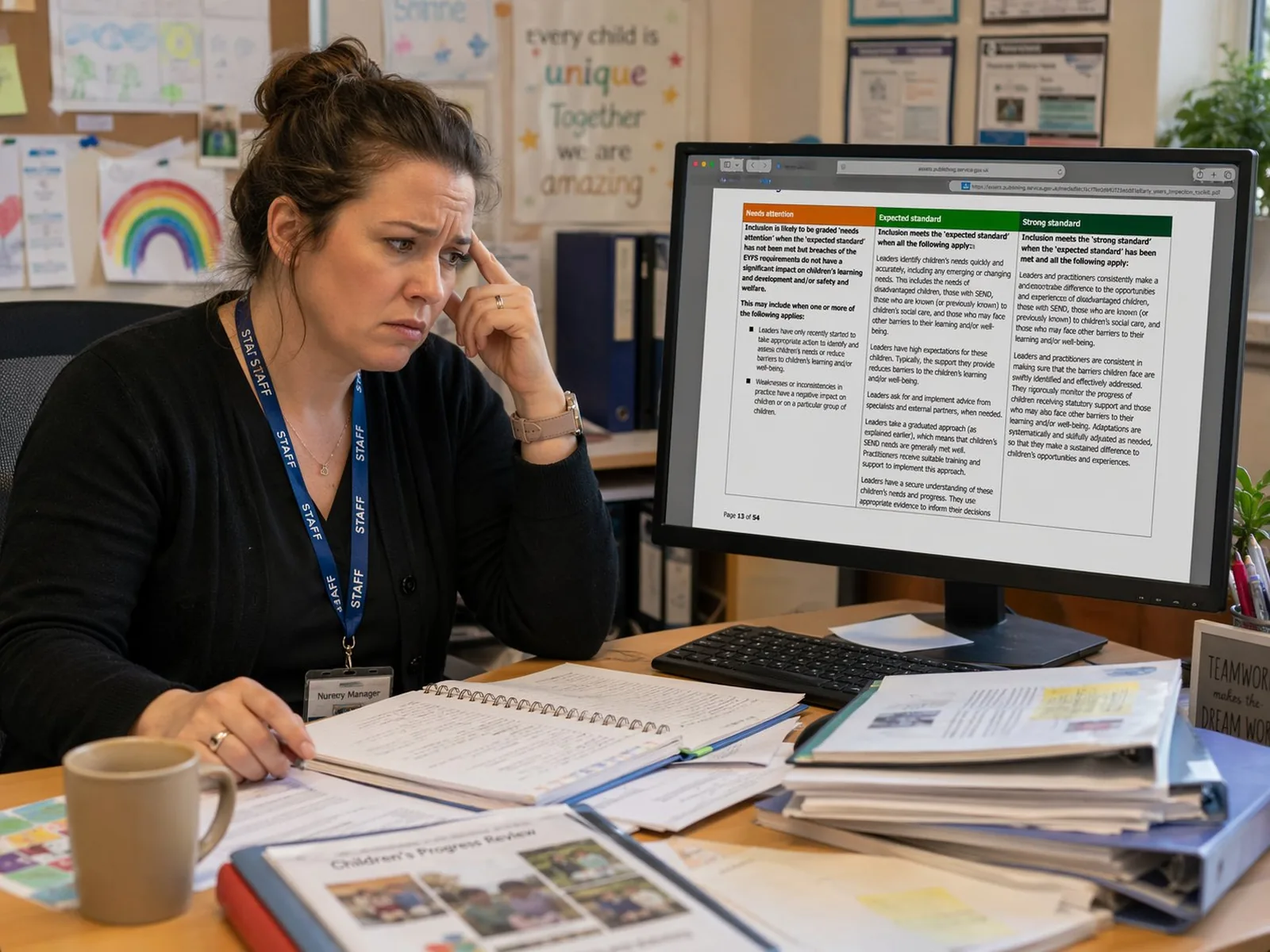 A nursery leader at her desk, brow furrowed and hand pressed to her temple, reading the dense Ofsted Early Years Inspection Toolkit on her monitor, surrounded by folders and paperwork.