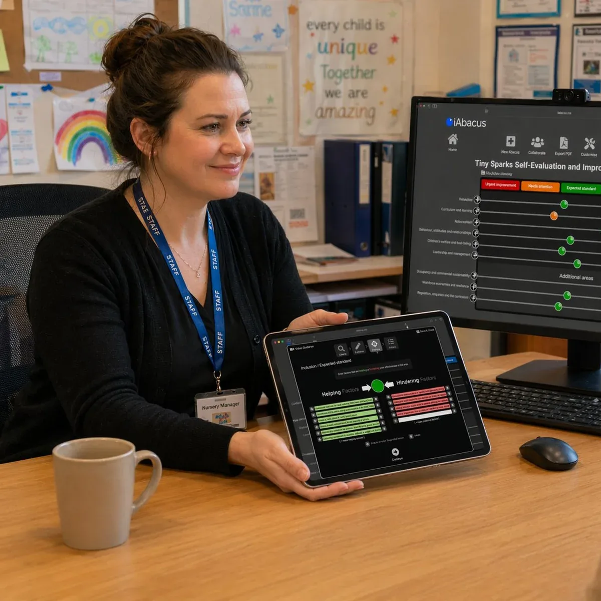 A nursery leader in her setting office holding an iPad showing the iAbacus Analysis step with helping and hindering factors, sharing her self-evaluation with a colleague across the desk. A wall-mounted monitor behind her shows the full Tiny Sparks self-evaluation.